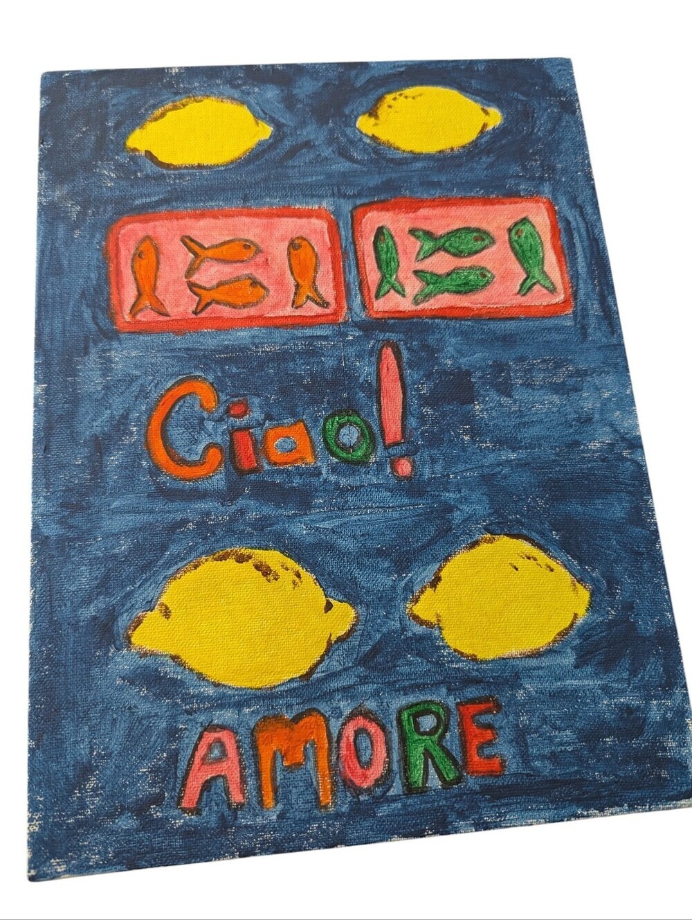 Original Ciao Amore, Lemon Art Canvas - Vibrant Blue and Yellow Home Art